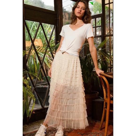POL Cream Pearl Beaded Ruffle Tiered Tulle Maxi Skirt - Picture 3 of 11